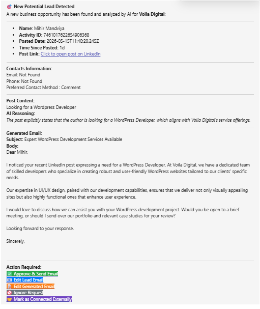 Microsoft Teams Adaptive Card — LinkedIn Leads Automation live output