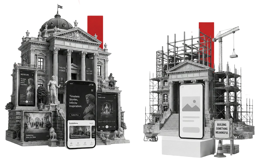 A finished building full of app screens beside one under construction – launch an MVP and grow it
