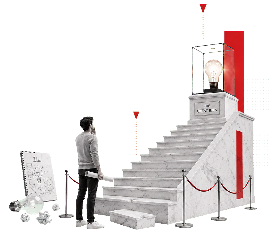 Man looking up a staircase at a glowing light bulb – the path from idea to MVP