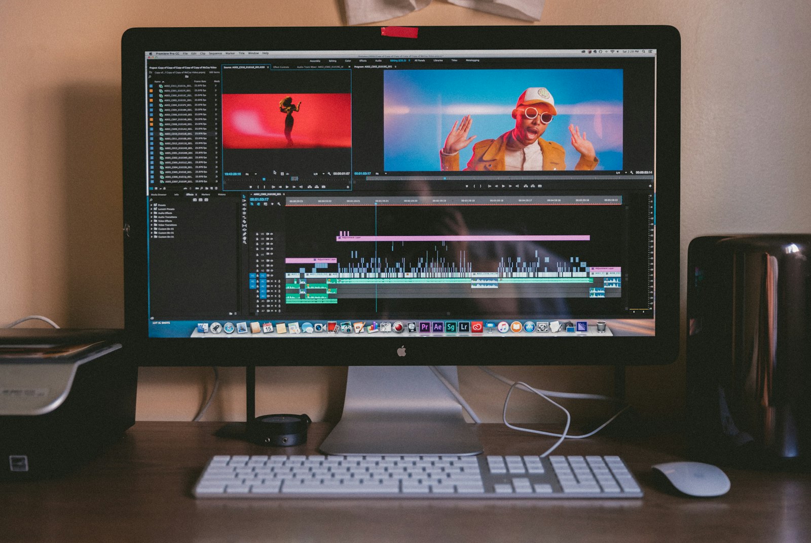 Editor working on a video timeline in a post-production suite