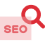 SEO with magnifying glass icon.