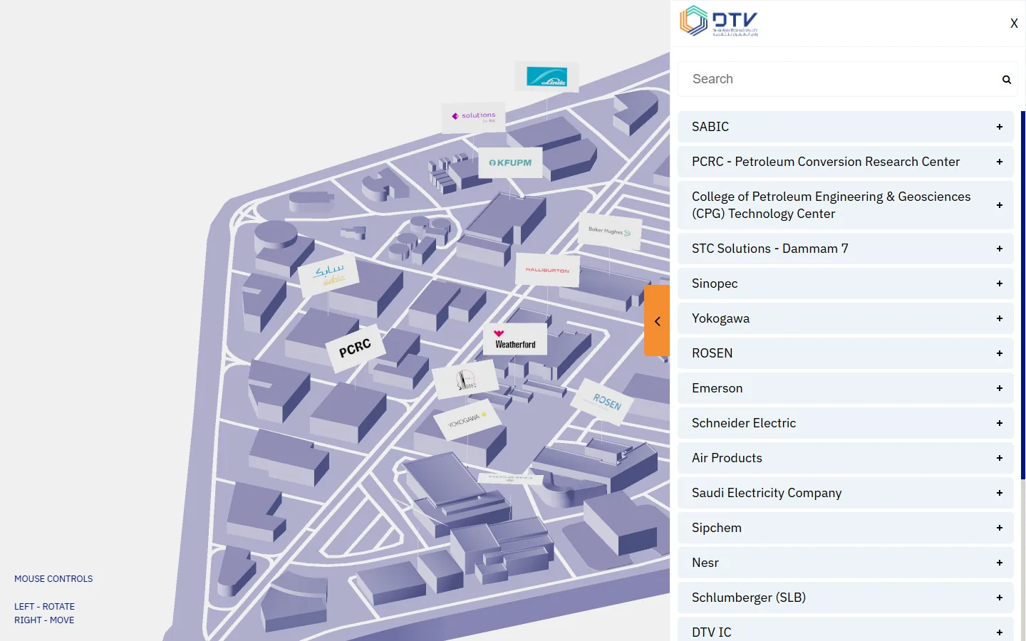 The delivered map: the 3D valley with tenant logo flags and the tenant directory