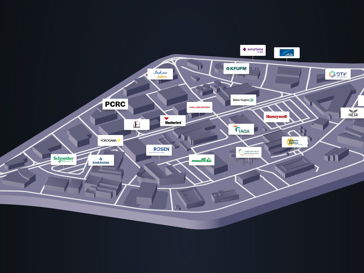 3D model of Dhahran Techno Valley with tenant logos floating above their buildings