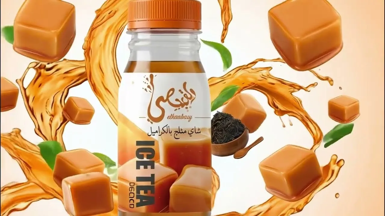 Frame: close-up of the caramel iced tea bottle with caramel cubes and amber tea ribbons floating around it