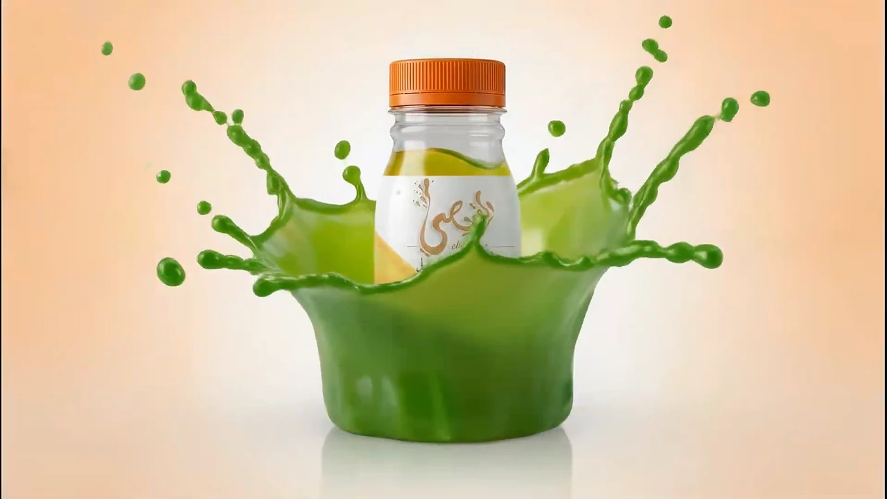 Frame: the bottle stands inside a green liquid crown splash on a soft peach background