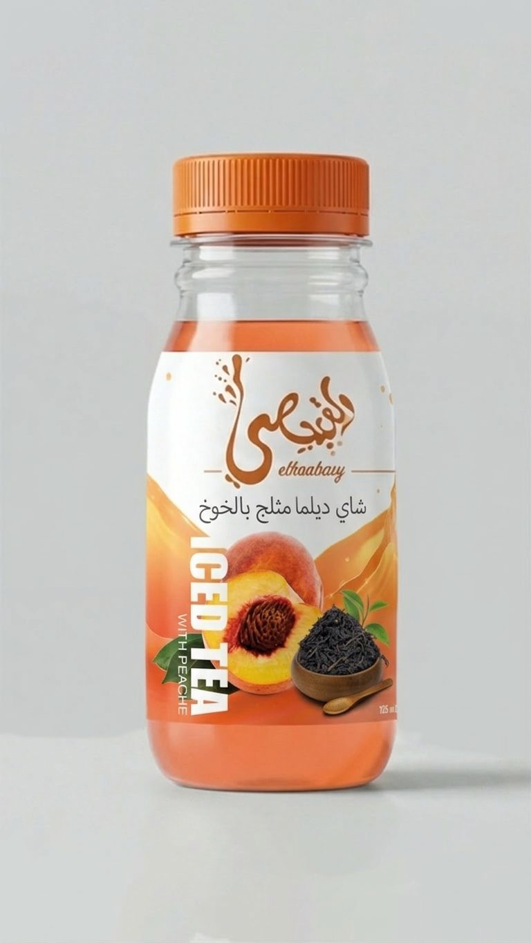 Elkoubasy peach iced tea, 125 ml bottle with an orange cap and a white and orange label