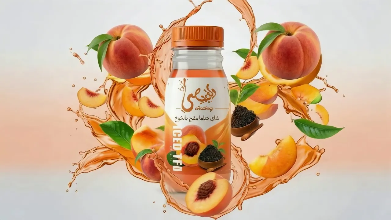 Frame: the peach iced tea bottle with peaches and an orange tea splash circling it
